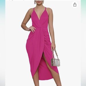 Women's V Neck Ruched Wrap Slit Hem Sleeveless Spaghetti Strap Midi Bodycon